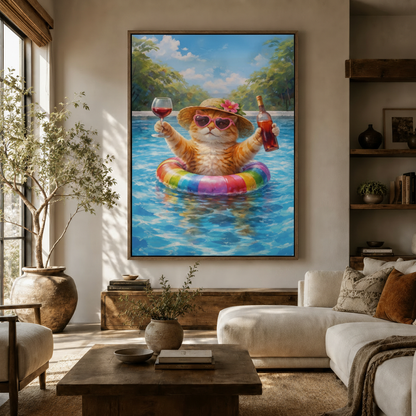 Bold funny cat with wine glass pool canvas above sideboard in warm modern living room