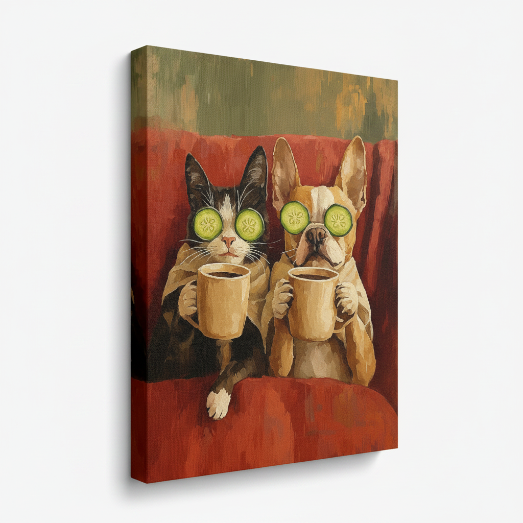 Gallery wrapped canvas print of cat and dog spa day shown in angled product view on white background