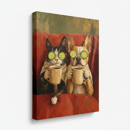 Gallery wrapped canvas print of cat and dog spa day shown in angled product view on white background