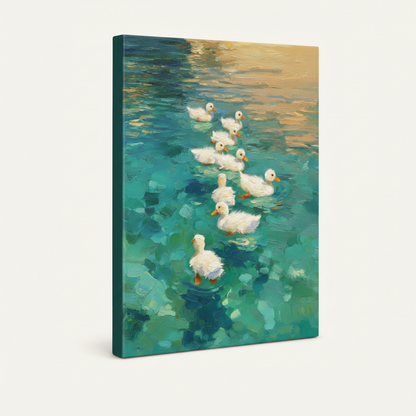 Gallery-wrapped impressionist duck canvas print, angled product view showing thick canvas sides