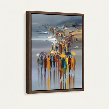 Framed canvas close-up of colorful abstract figures walking along misty coastline with vivid color reflections