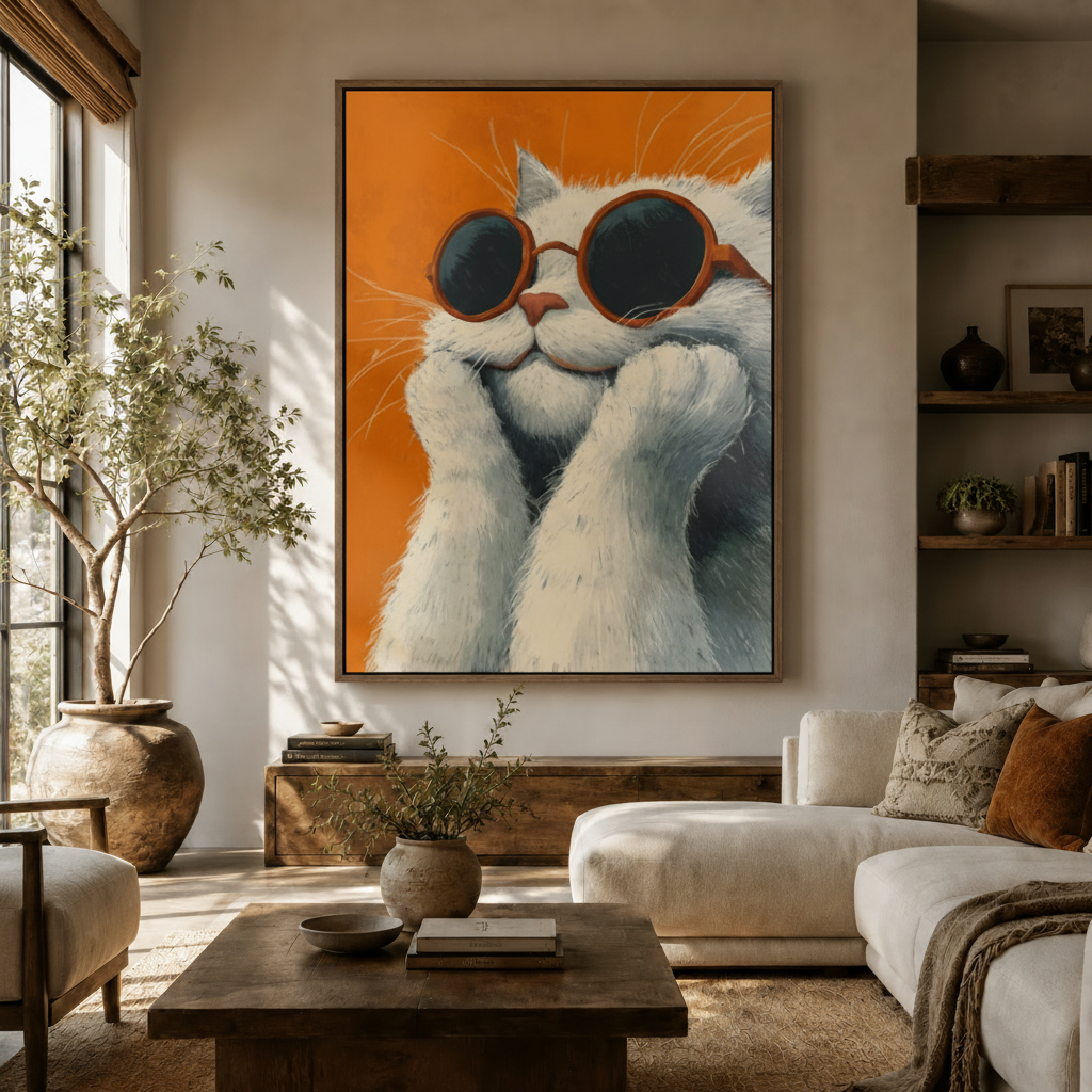 Bold orange cat canvas wall art hanging in bright modern living room