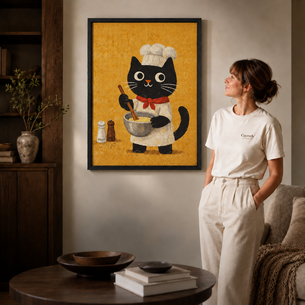 Black-framed cat chef folk artwork styled in a cozy neutral living room.