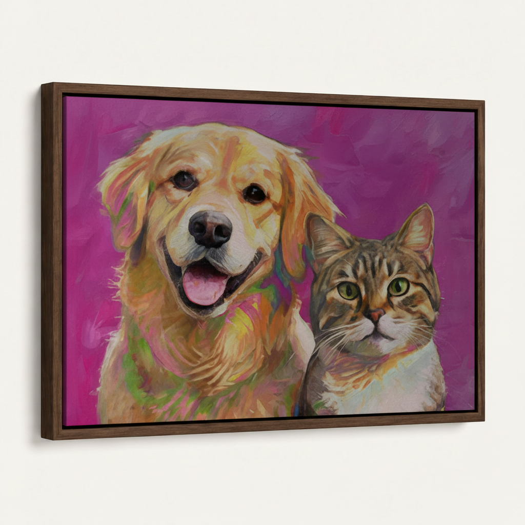 Dark walnut floating frame canvas of golden retriever and cat oil painting, angled product view on white background
