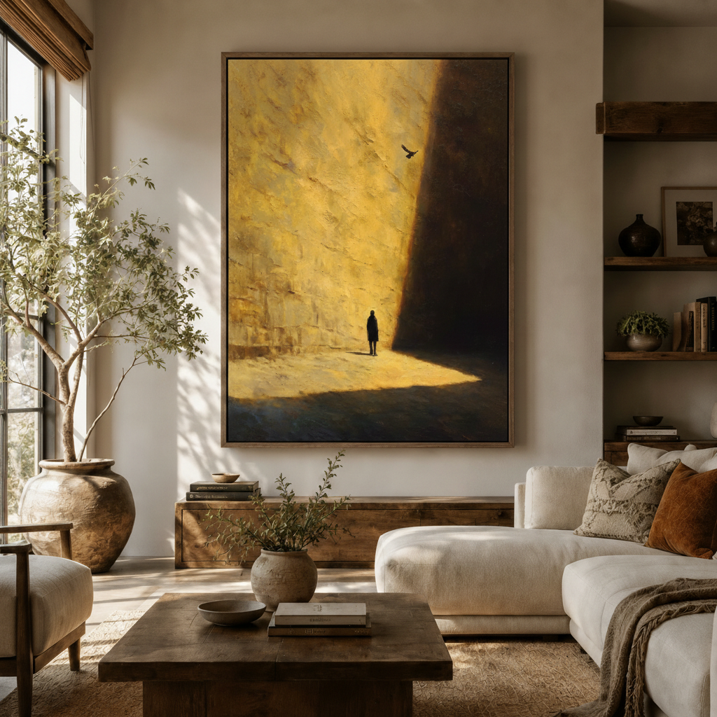 Dramatic impasto cliff canvas displayed above sideboard in warm modern living room with olive tree