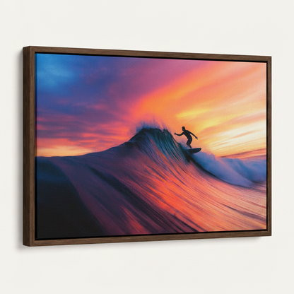 Dark walnut floater frame canvas showing surfer riding ocean wave at vivid sunset, angled product view