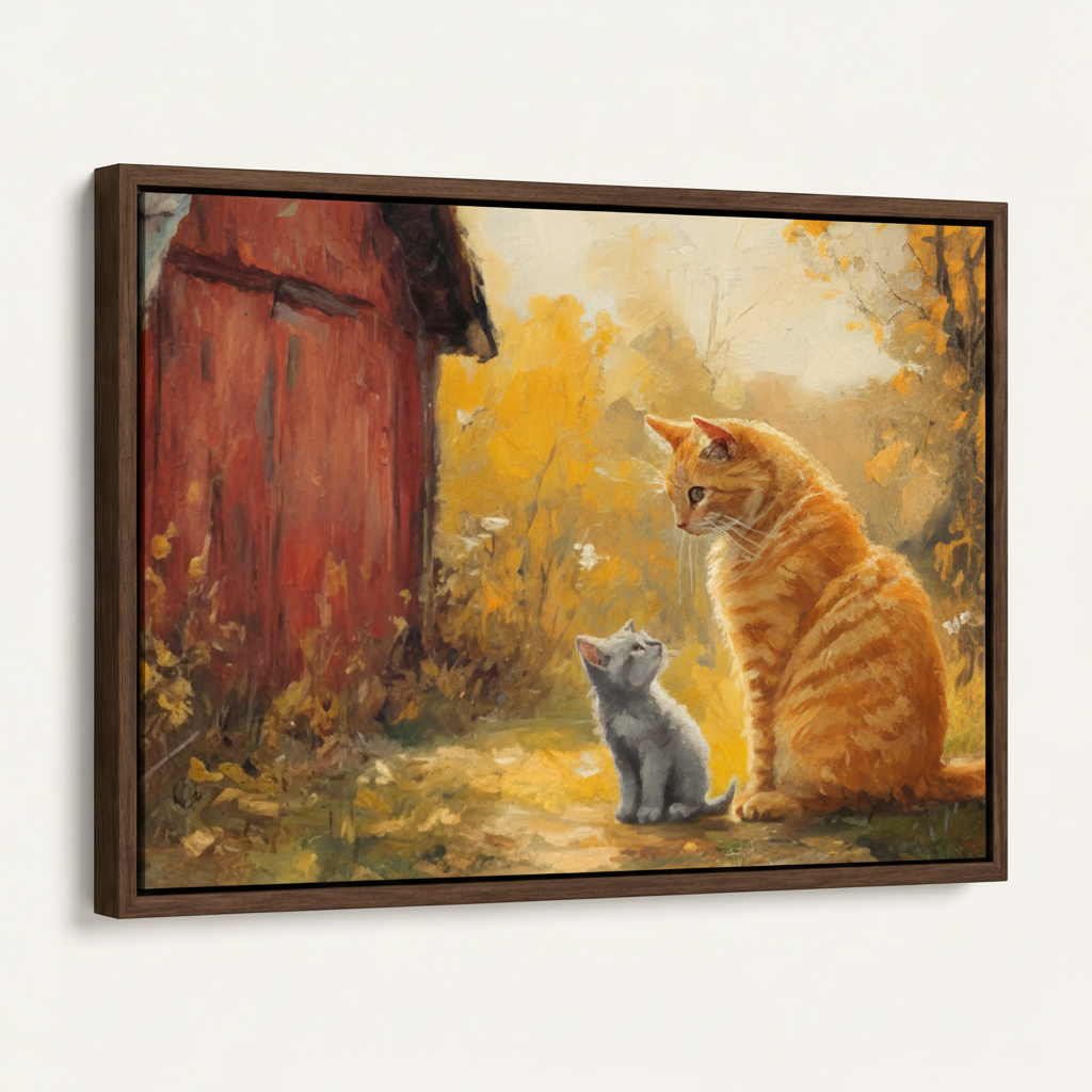 White calf leaping wildflower meadow canvas in dark walnut float frame, angled product view on white background