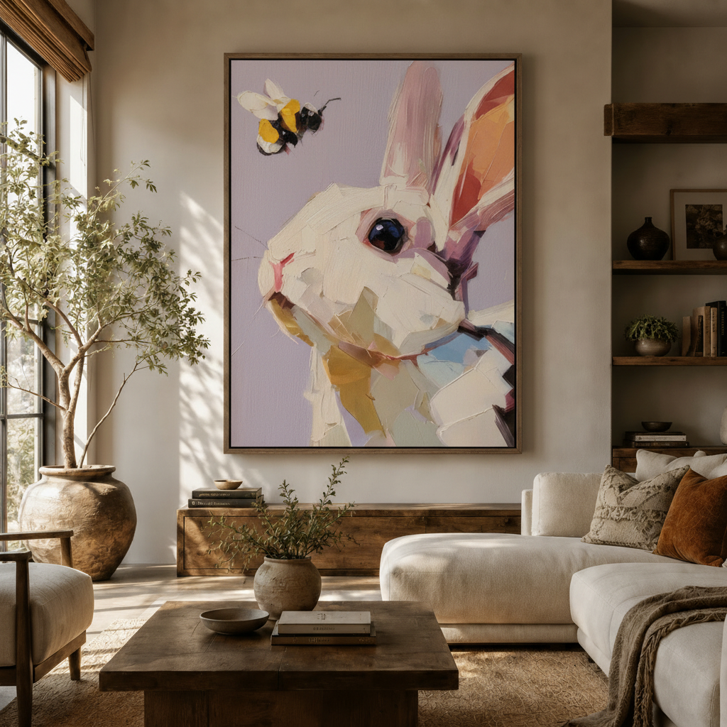 Lavender-toned rabbit bee canvas wall art in walnut frame above sideboard in warm neutral living room