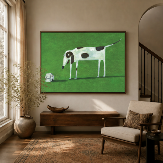 Tall spotted dog staring at miniature doghouse canvas above console in warm golden entryway living room