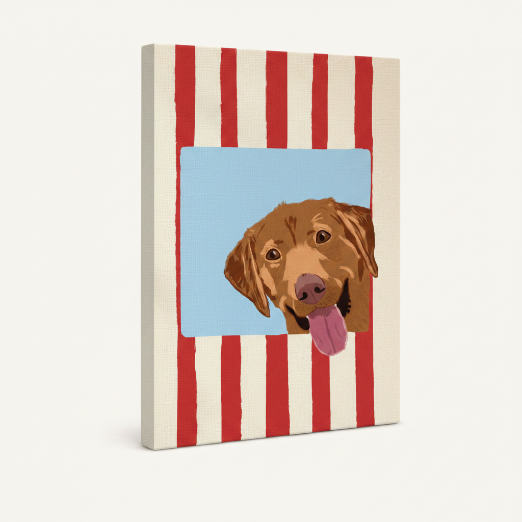 Gallery-wrapped dog pop art canvas print shown at angle on white background