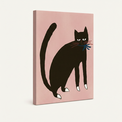 Gallery-wrapped black cat folk art canvas print shown at angle on cream background, side depth visible