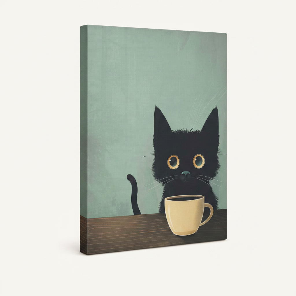 Gallery wrap canvas print of black cat with coffee mug on sage green background, side angle view