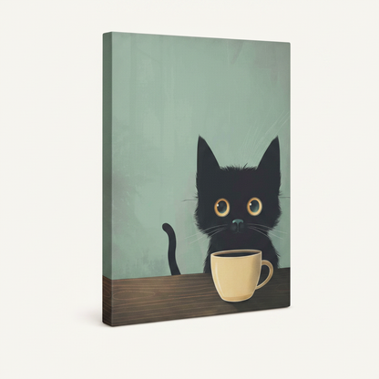 Gallery wrap canvas print of black cat with coffee mug on sage green background, side angle view