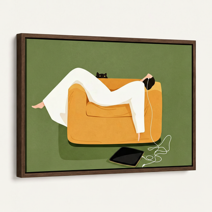 Dark walnut float-framed cozy lifestyle illustration canvas print, angled product view on white background