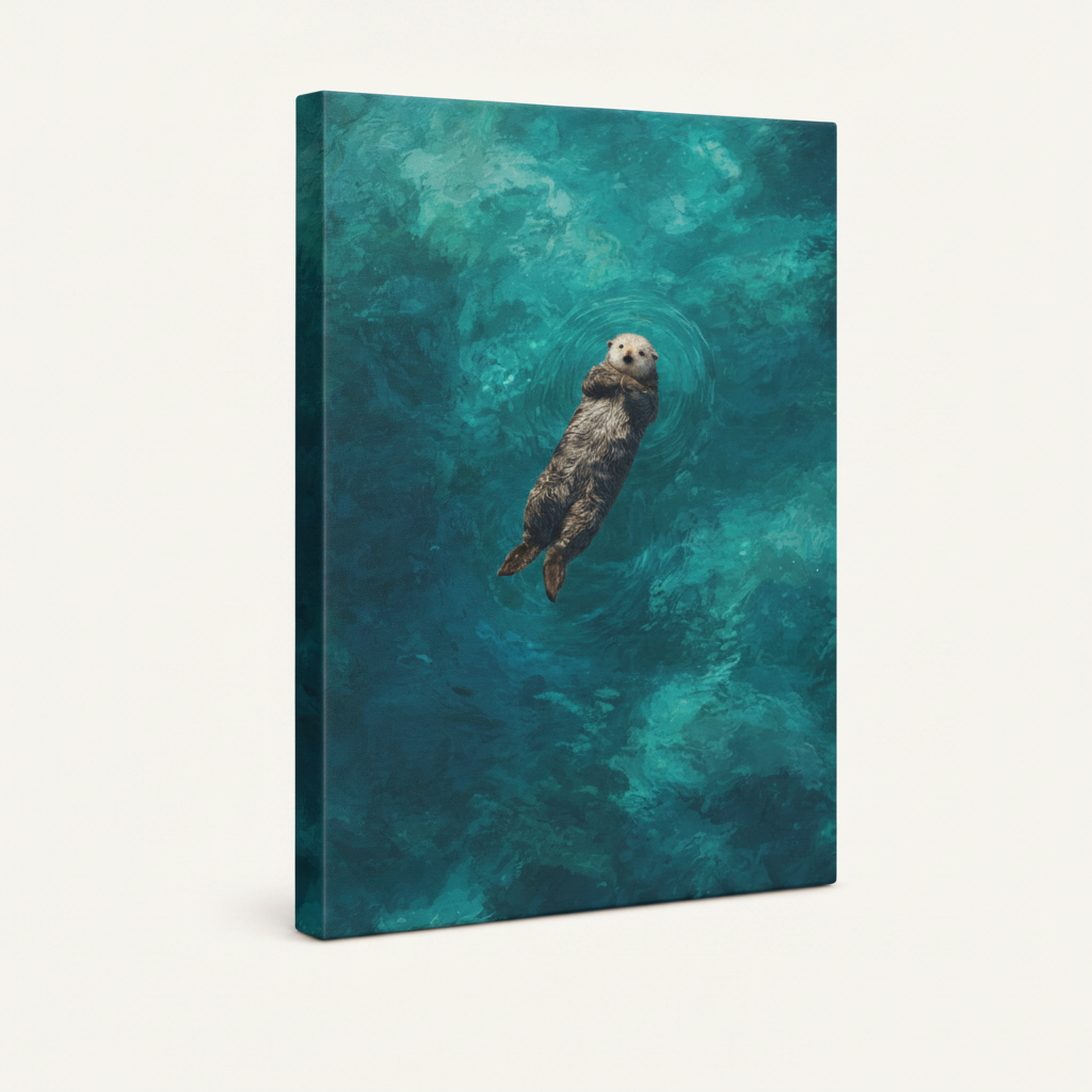 Gallery-wrapped sea otter oil painting canvas side view showing teal artwork wrapping edges