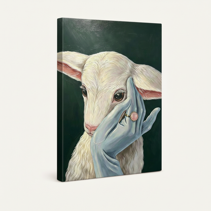 Gallery-wrapped baby goat oil painting canvas print angled view showing deep green wrapped sides and fine fur detail