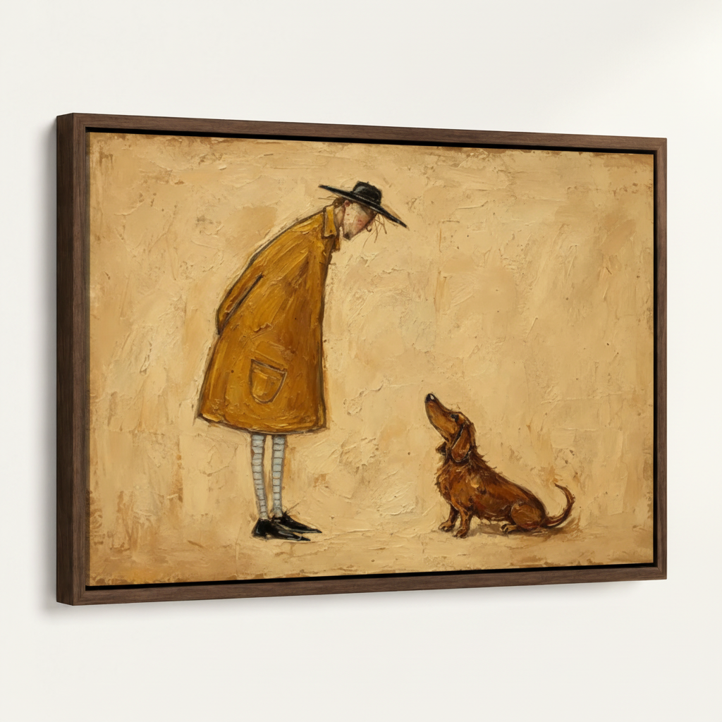 Close-up of a framed dachshund canvas art print with a dark walnut float frame on a white background.
