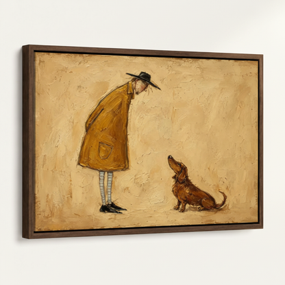 Close-up of a framed dachshund canvas art print with a dark walnut float frame on a white background.