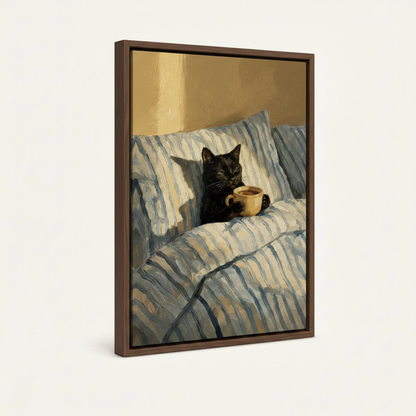 Framed black cat impressionist canvas print shown at 3/4 angle on cream background