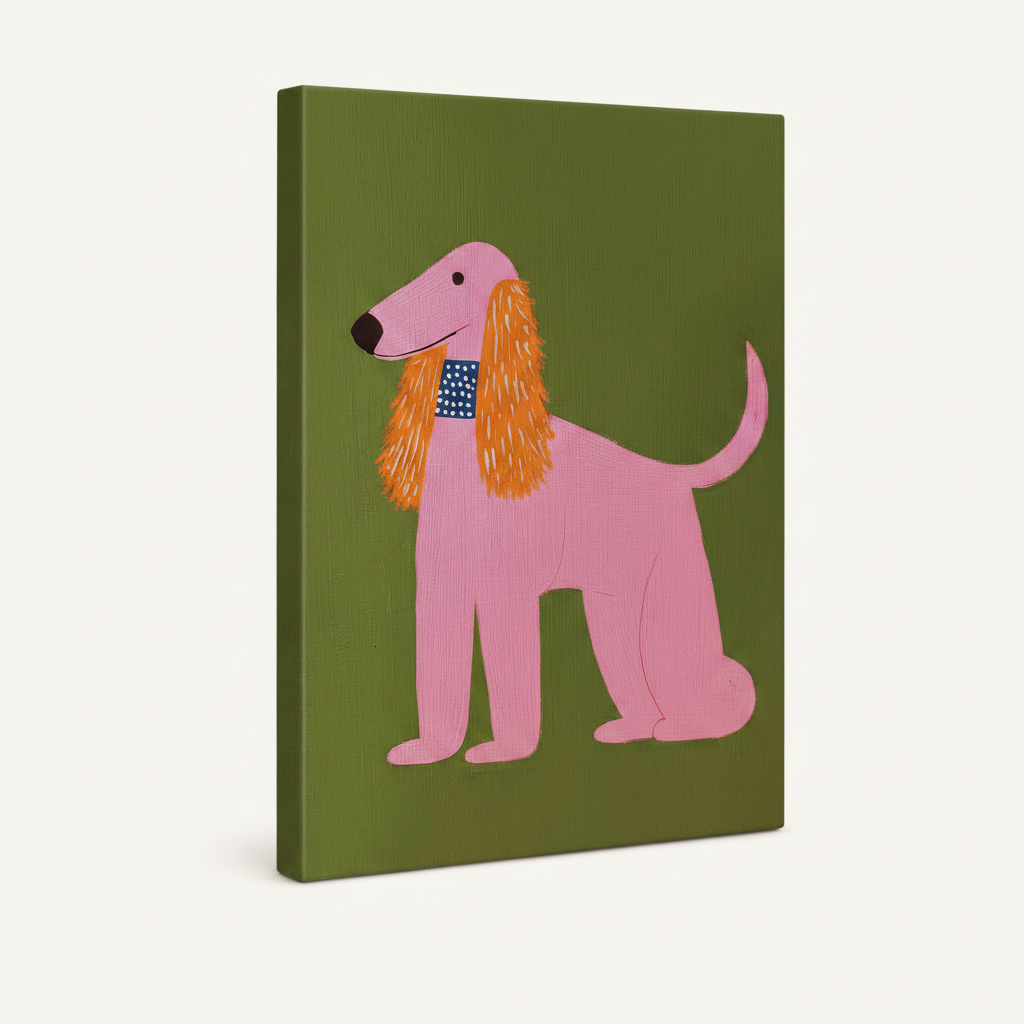 Gallery-wrapped pink dog folk art canvas angled view showing wrapped edges and vibrant olive green background