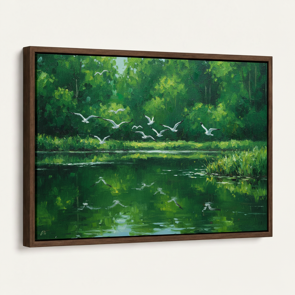 Dark walnut framed canvas print of impressionist green pond birds painting, angled product view on white background