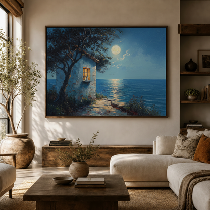 Large moonlit coastal impressionist canvas above walnut console in warm neutral modern living room