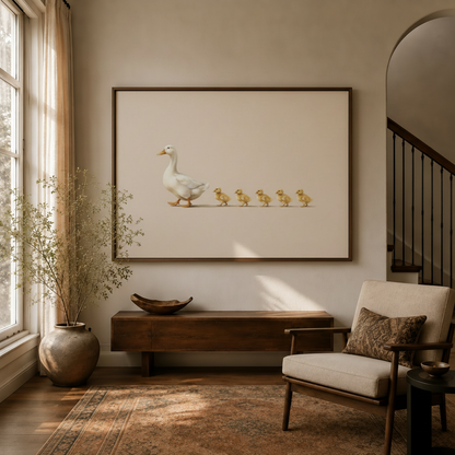 Minimalist goose leading ducklings canvas art hanging in warm entryway beside staircase and armchair