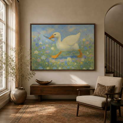 Whimsical duck with knife impressionist canvas art hanging in warm entryway beside staircase and linen armchair