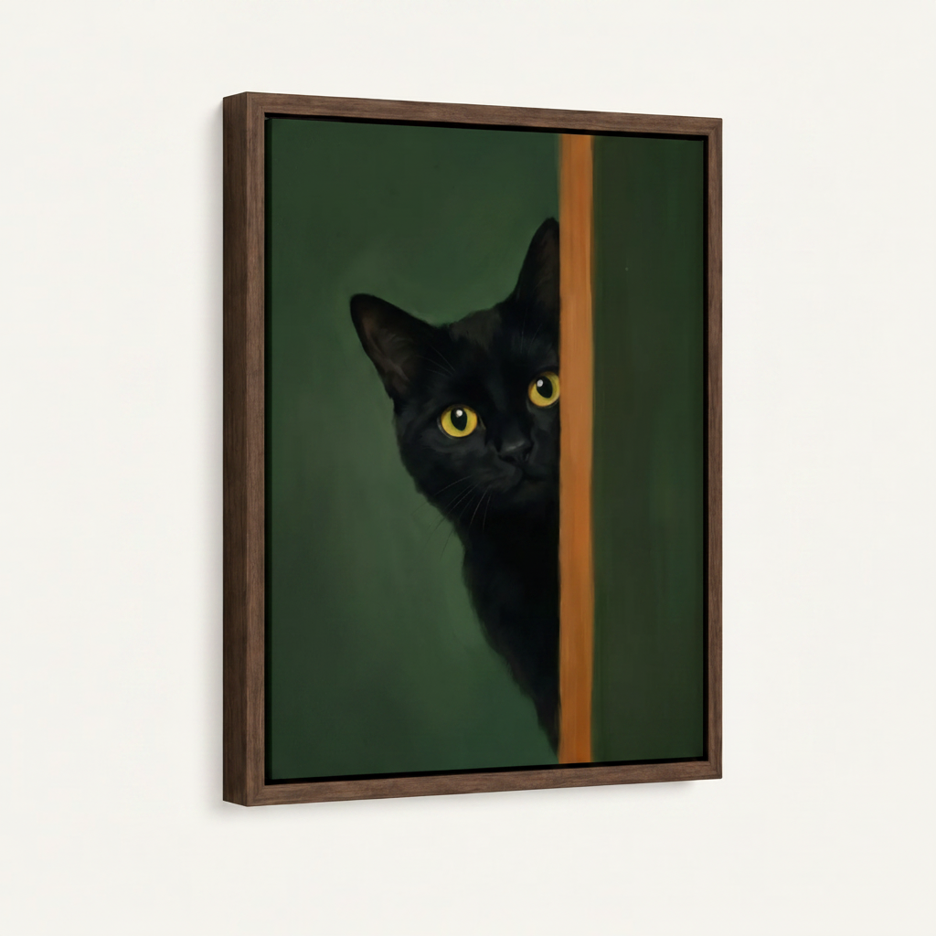 Dark walnut framed canvas of black cat peeking around door on forest green background, 3/4 angle