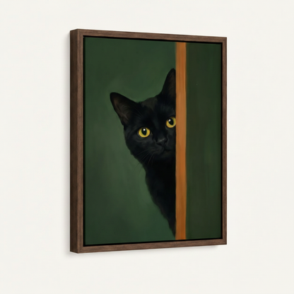 Dark walnut framed canvas of black cat peeking around door on forest green background, 3/4 angle