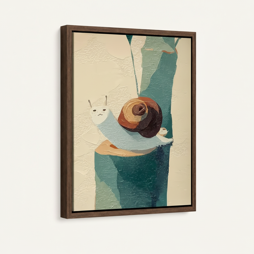 Snail on tree canvas in dark walnut float frame, angled three-quarter view showing frame depth