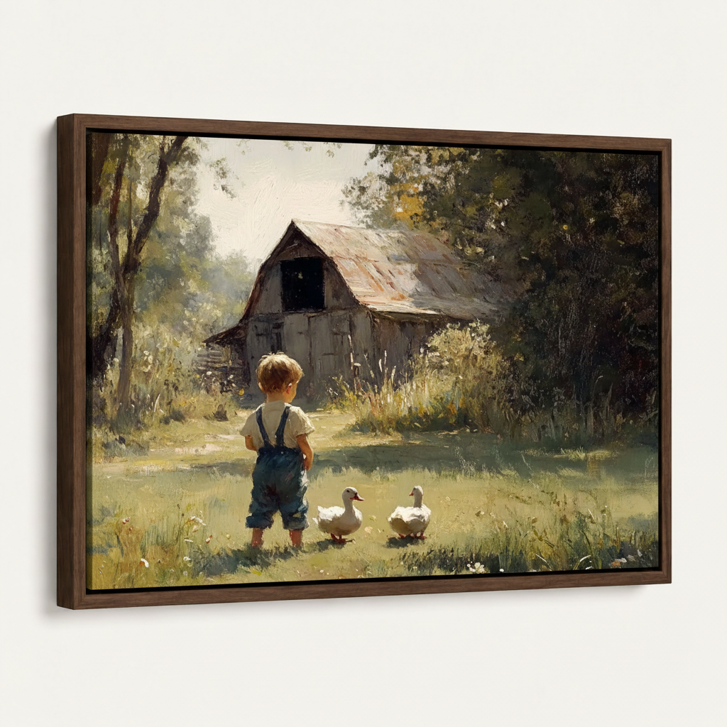 Small boy with white ducks barn scene impressionist canvas in dark walnut float frame, angled product view