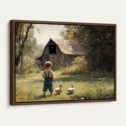 Small boy with white ducks barn scene impressionist canvas in dark walnut float frame, angled product view