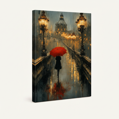 Gallery-wrapped Paris rain painting on cream background showing canvas depth at angle