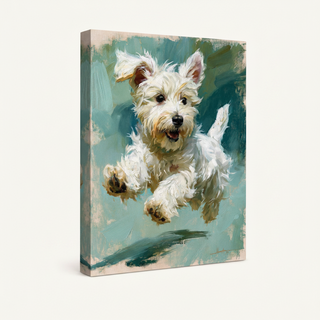 Gallery-wrapped canvas of jumping Westie terrier oil painting, angled side view on white background