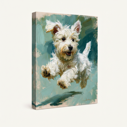 Gallery-wrapped canvas of jumping Westie terrier oil painting, angled side view on white background