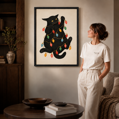 Black-framed black cat Christmas lights wall art above a round table in a cozy living room.