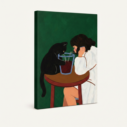 Gallery-wrapped black cat girl canvas print angled view showing deep forest green wrapped sides and gouache illustration detail