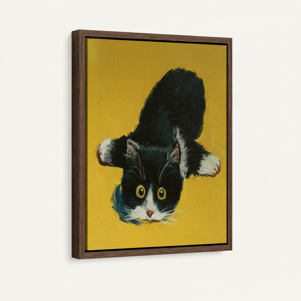 Framed canvas closeup of a tuxedo cat in play-bow pose with vivid golden yellow impasto background