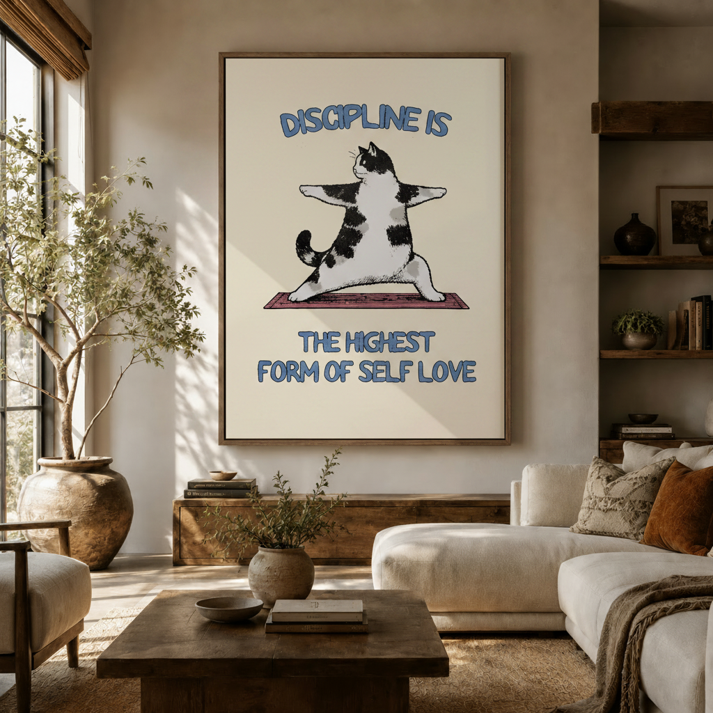Funny cat yoga warrior pose retro blue quote canvas in walnut frame above rustic sideboard in warm living room