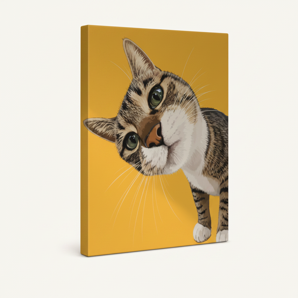 Gallery-wrapped funny cat riding dog canvas wall art angled side view showing wrapped edges