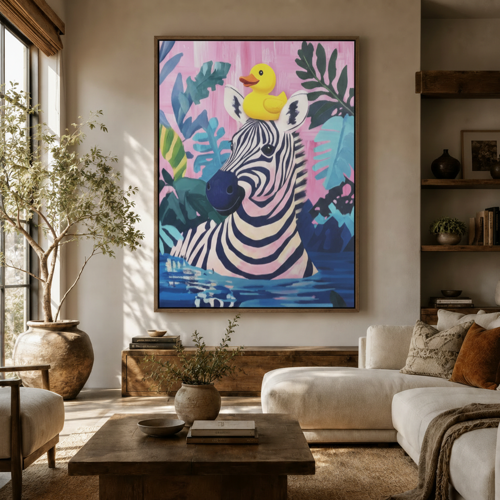 Bold tropical zebra canvas in dark frame hung in warm Japandi-style living room