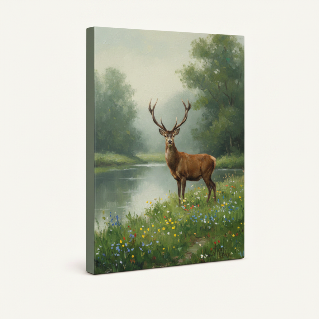 Gallery-wrapped stag wildflower meadow canvas print angled view showing soft green wrapped sides and oil paint detail