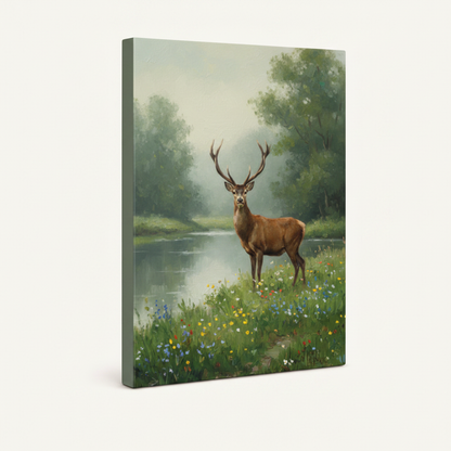 Gallery-wrapped stag wildflower meadow canvas print angled view showing soft green wrapped sides and oil paint detail