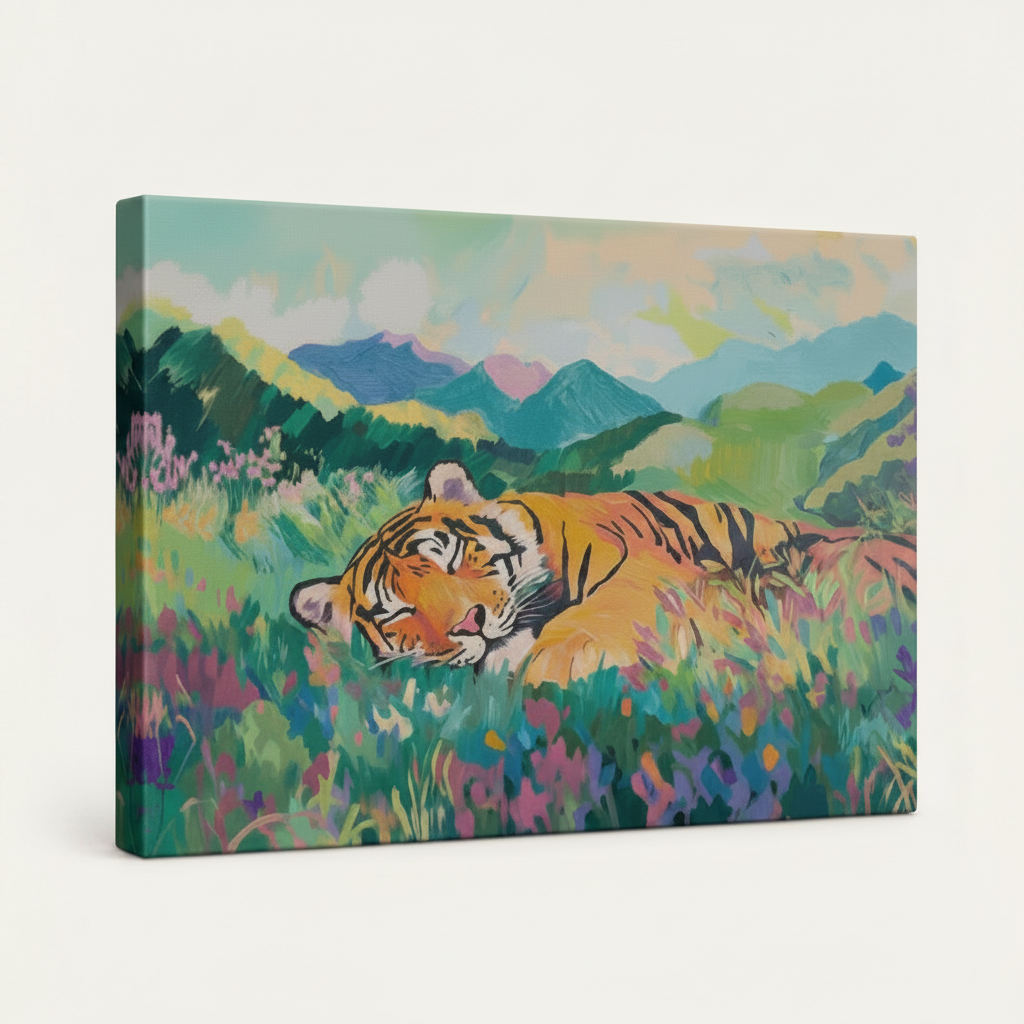 Gallery-wrapped canvas art of tiger resting in wildflower landscape on off-white background showing wrap depth