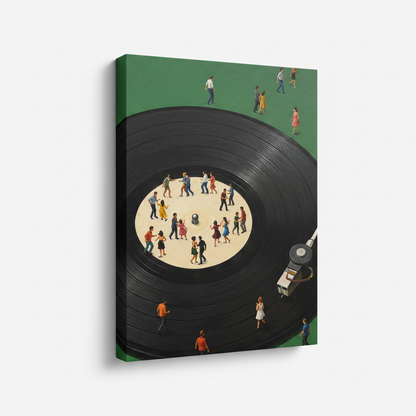 Dancing figures vinyl record gallery-wrapped canvas shown at angle on white background with emerald green wrap edges visible
