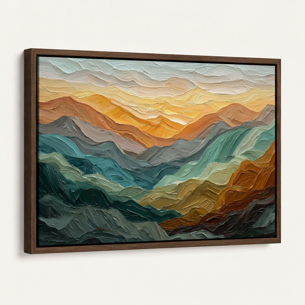 Palette knife mountain sunset canvas wall art in dark walnut float frame, angled product view on white background