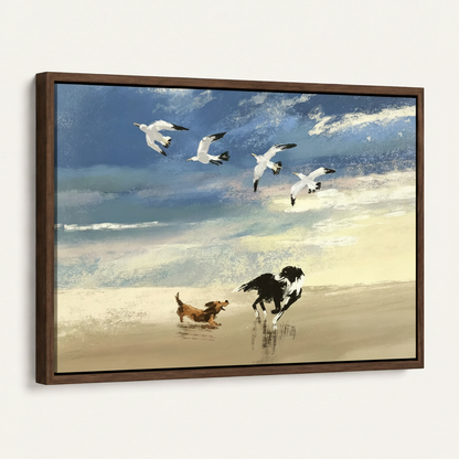 Dogs on beach framed canvas print in dark walnut float frame at 45-degree angle on white background