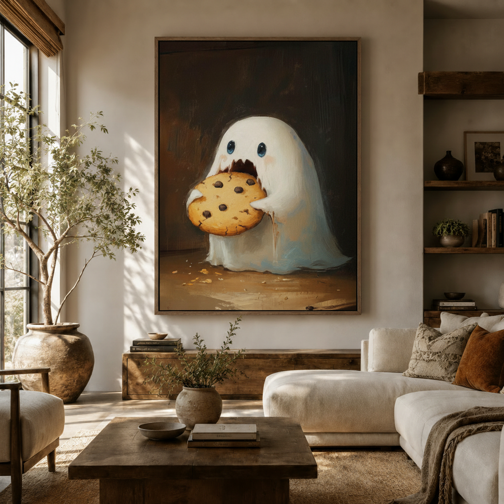  Whimsical ghost cookie canvas in dark frame hung in warm Japandi living room