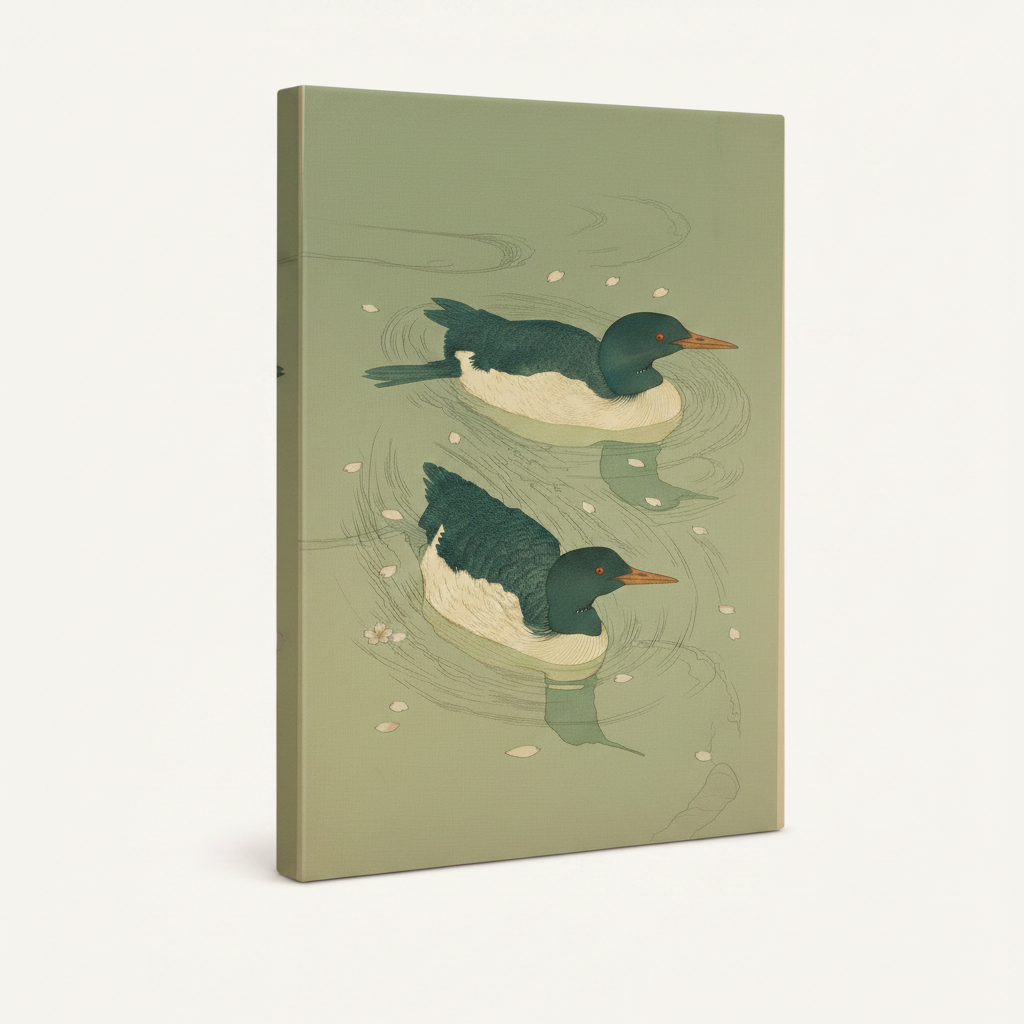 Gallery-wrapped Japanese ducks canvas, angled product view showing thin olive green side edge
